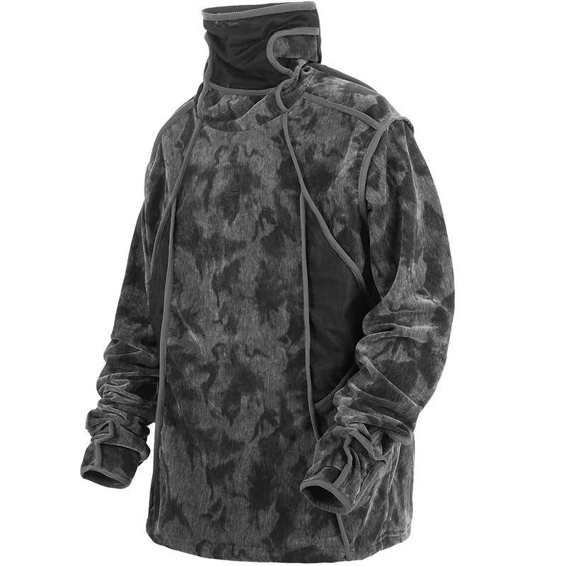 Men's black and gray tie dye full printed turtleneck sweater with loose drop-shoulder long sleeves