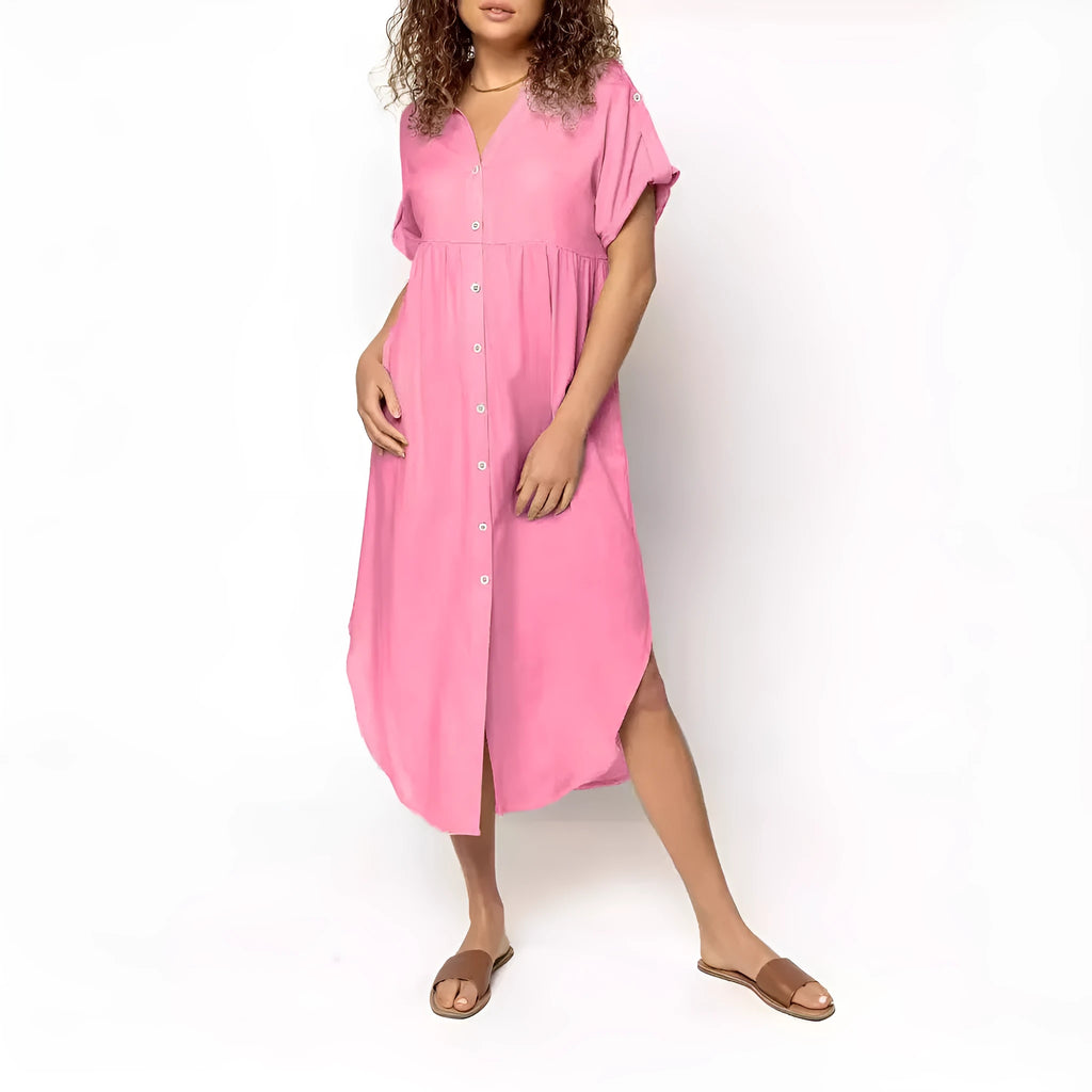 Mid-length solid colour casual dress with button front in pink black blue grey purple red army green apricot watermelon red featuring regular sleeves and mid-waist design
