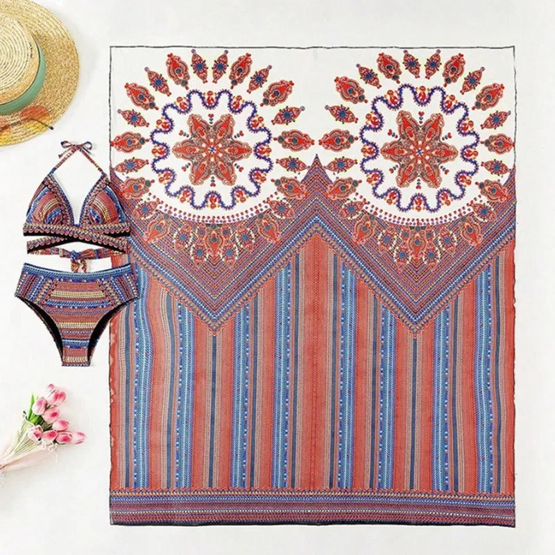 Women's three-piece swimsuit set showing high-waisted briefs, sleeveless cutout blouse, and matching coat.