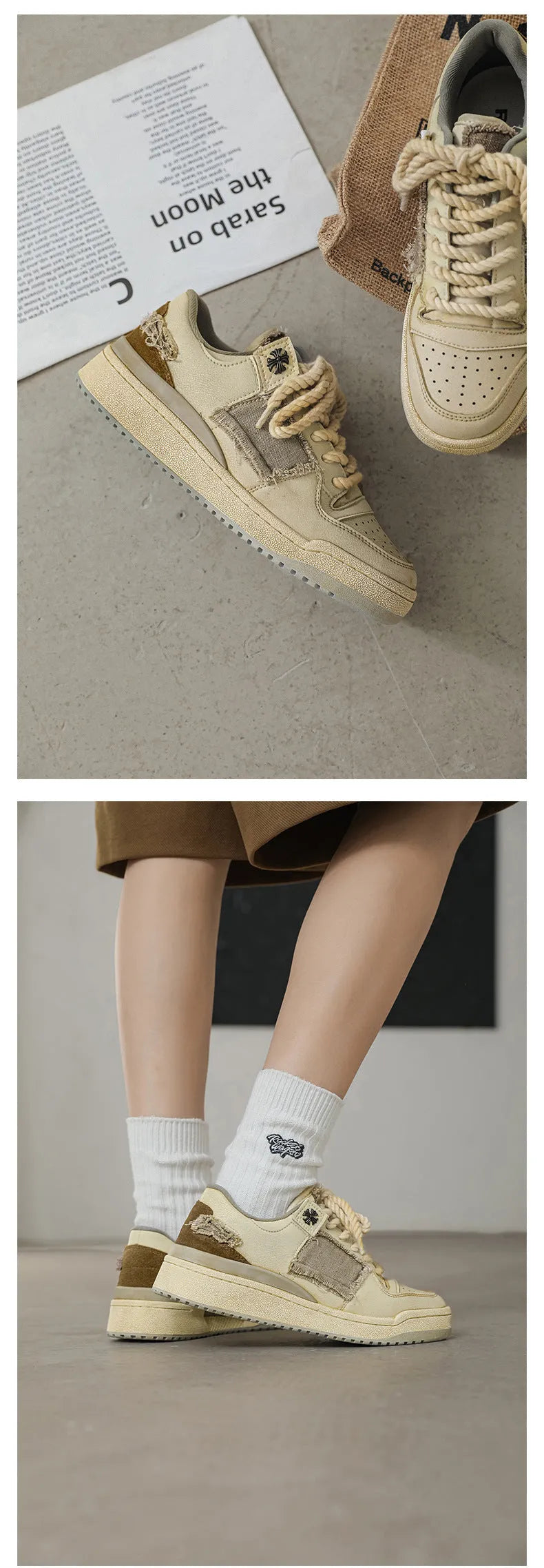 Beige low-top skateboard shoes with microfiber upper and rubber soles on white background