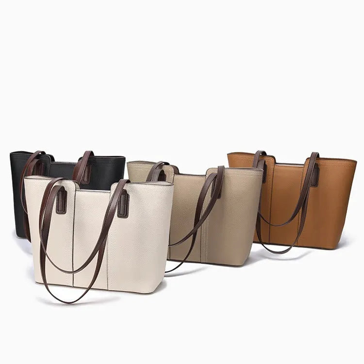 Women's genuine leather commuter shoulder bag in box-type shape with large capacity and multiple pockets
