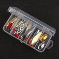Box of gold and silver metal sequin false bait bodies for fishing lure repair and customisation.