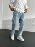 Blue men's straight-leg denim jeans with mid-waist fit and zipper fly displayed flat