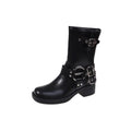 Women's black mid-calf platform boots featuring a large belt buckle on the shaft.