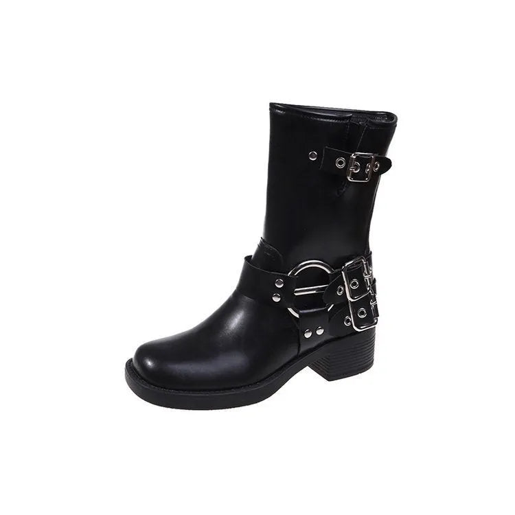 Women's black mid-calf platform boots featuring a large belt buckle on the shaft.