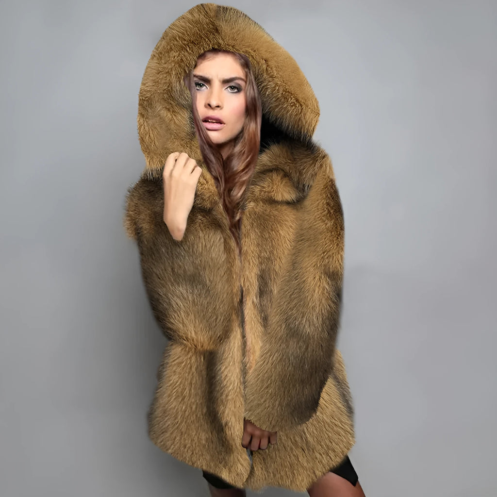 Silver grey mid-length artificial fur coat for women with loose fit design