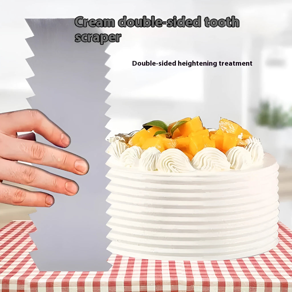 Stainless steel cream scraper showing six geometric edge patterns for cake decorating