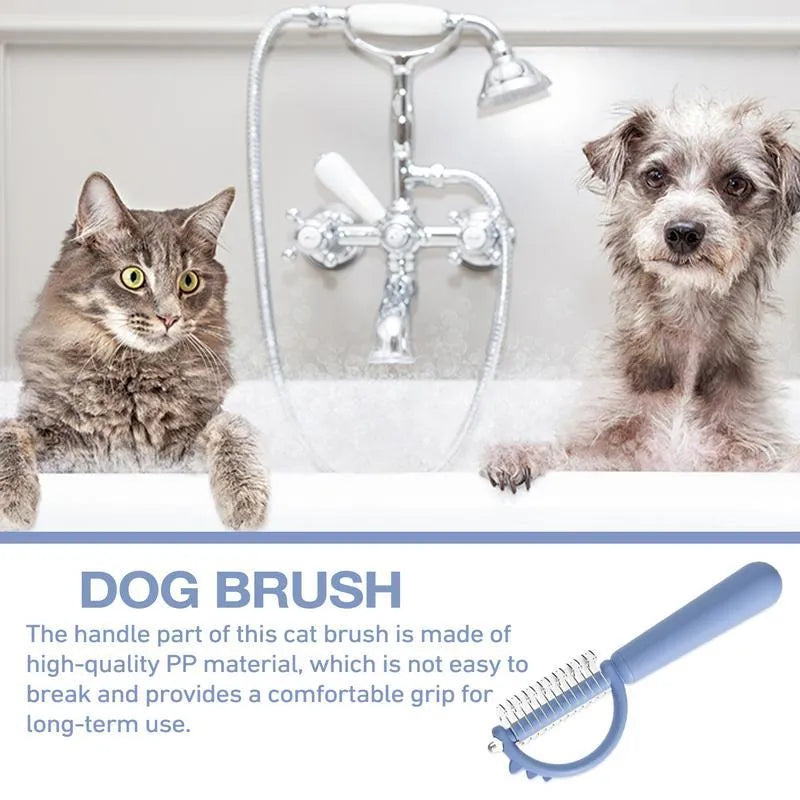 Blue dinosaur-shaped cat brush with double-sided grooming heads for shedding and dematting