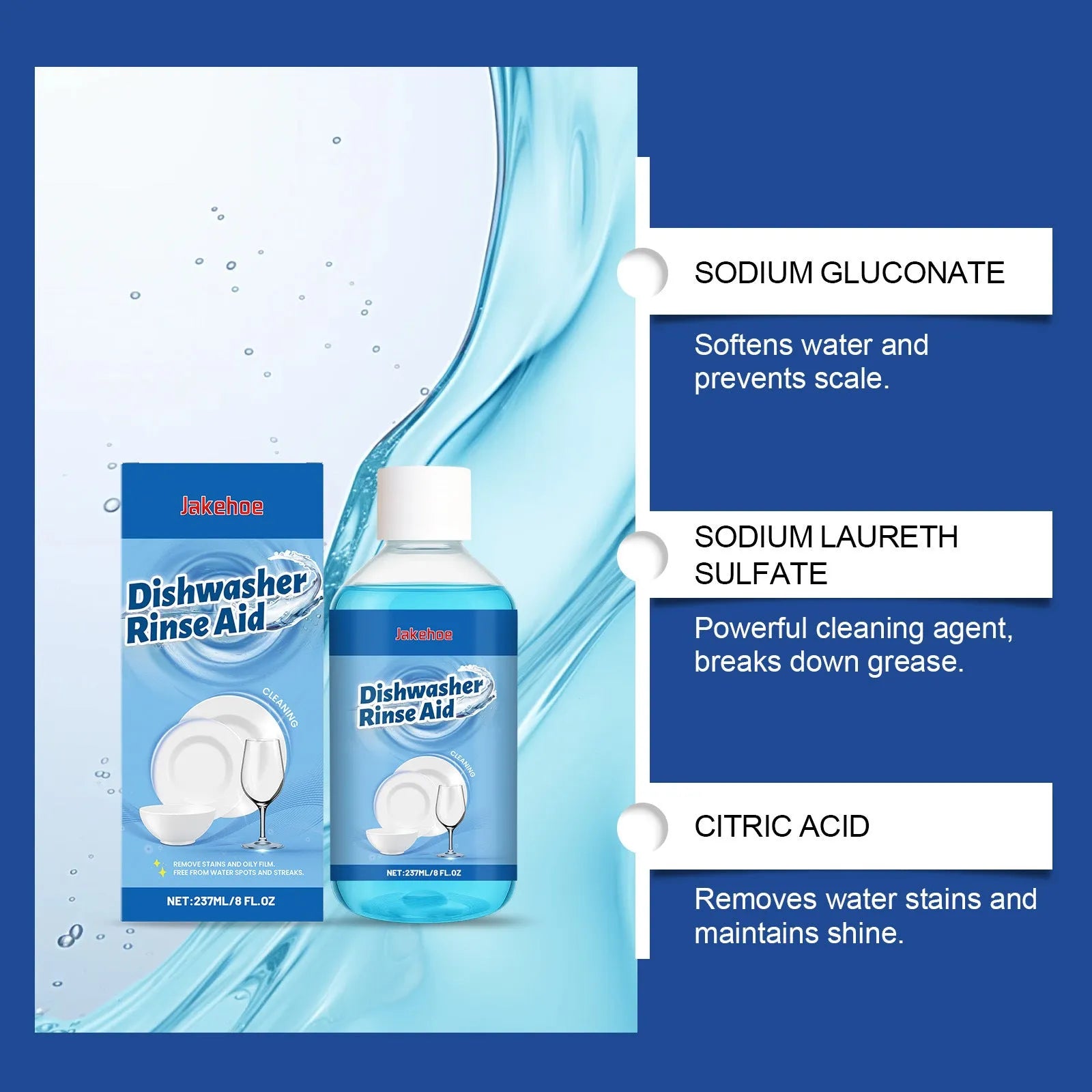 237mL dishwasher detergent aid bottle for stain and oil removal on kitchenware