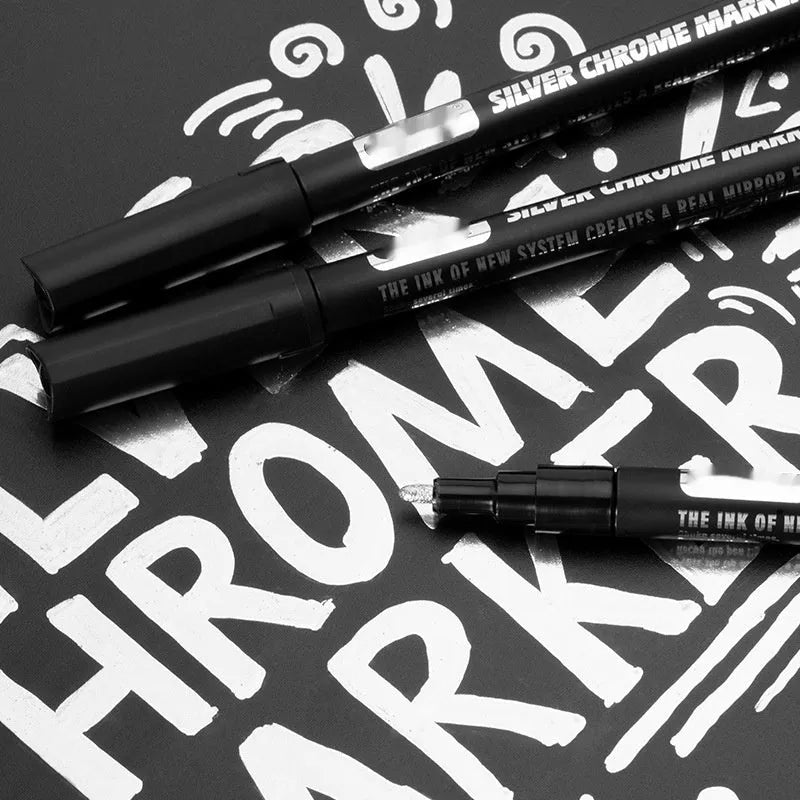 A plastic-bodied waterproof marker pen for writing on glass and mirrors, shown with a choice of 1mm or 2mm nib tip.