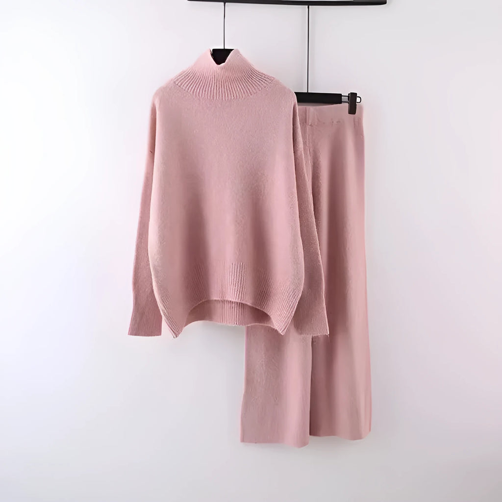 Women's beige acrylic fibre sweater and wide-leg pants two-piece casual set