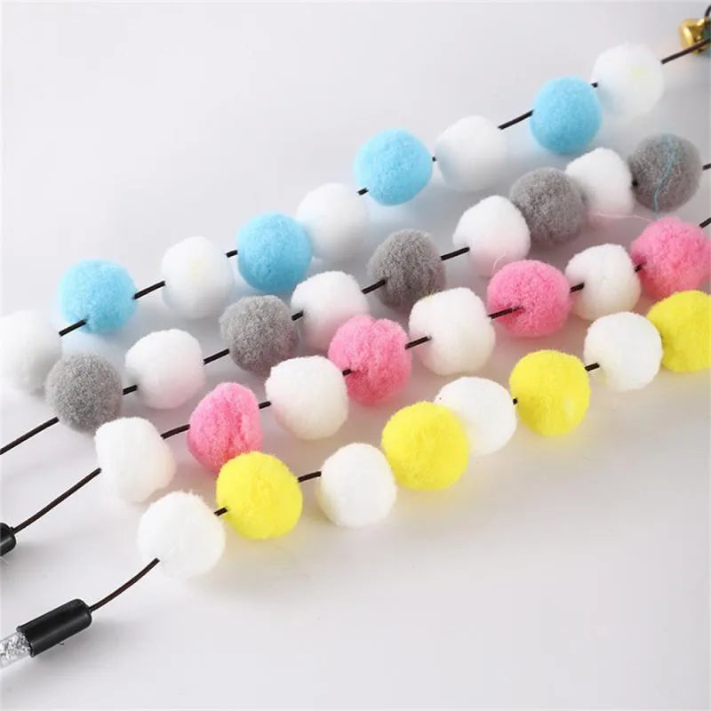 31cm long cat teaser toy rod with bell and colourful pompon feather attachments