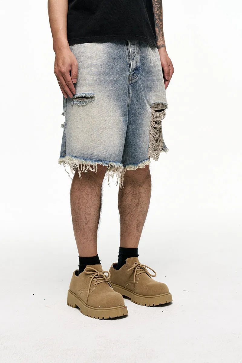 Light blue retro washed men's baggy denim shorts with wide-leg design and mid-waist fit