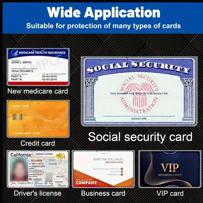Transparent PVC ID card holder showing social security card inside with dimensions 9.7cm by 5.9cm
