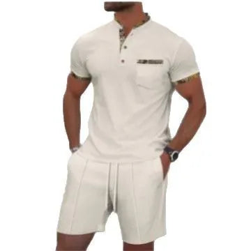 Men's grey waffle texture zip-front polo collar short sleeve top and matching shorts suit set.