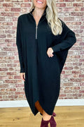 Women's solid colour loose fit knitted dress with raglan sleeves and a front zipper detail.