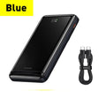 Slim magnetic wireless power bank in blue colour showing compact dimensions and charging cable