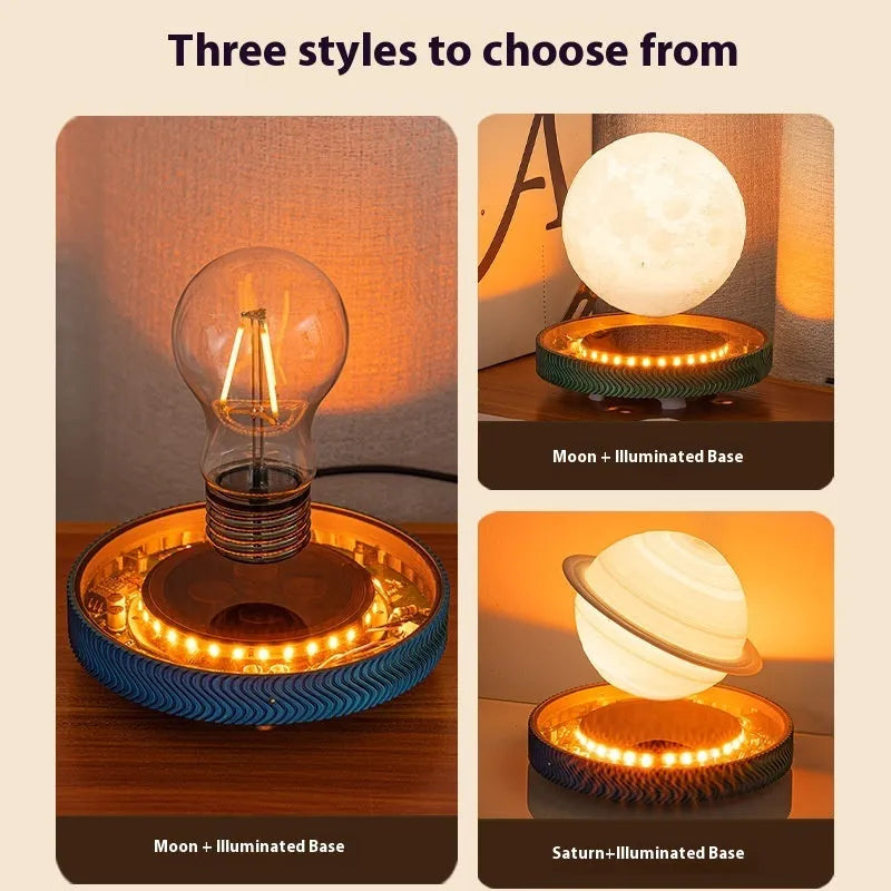 Magnetic suspension moon lamp floating above base with detailed 3D printed lunar surface