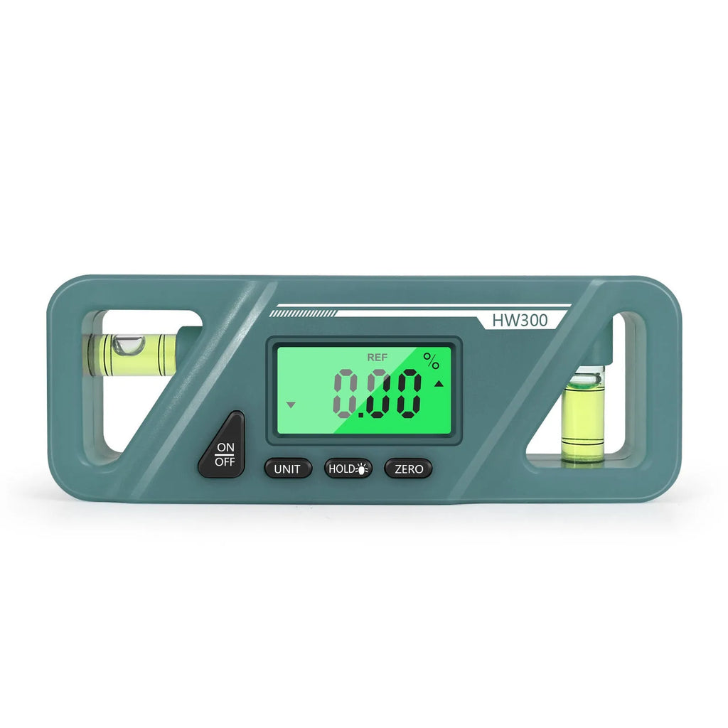 Digital display inclinometer level meter with magnetic strip on its base showing angle reading.