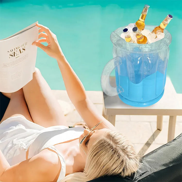 Yellow inflatable PVC ice bucket for portable drink chilling at parties.