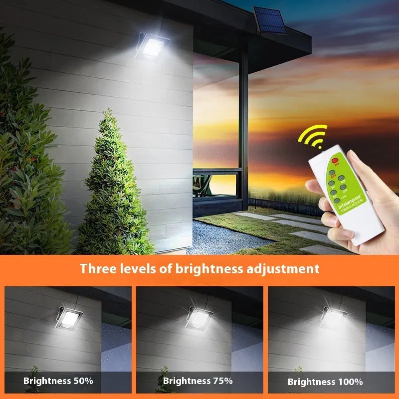 Outdoor solar LED courtyard light with waterproof IP65 rating showing three lumen options including 1200LM three-colour model