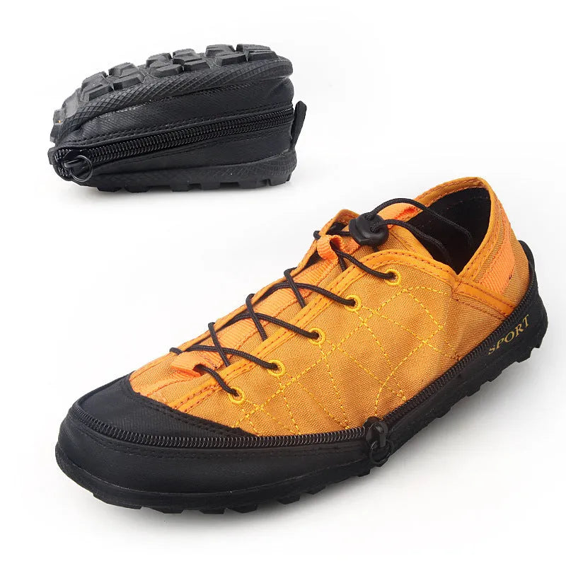 Orange, black, and grey folding hiking shoes with mesh upper and side zipper, shown in folded and unfolded states.