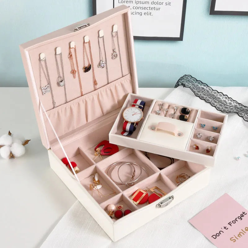 Red or white PU leather jewellery storage box with large capacity for necklaces and rings