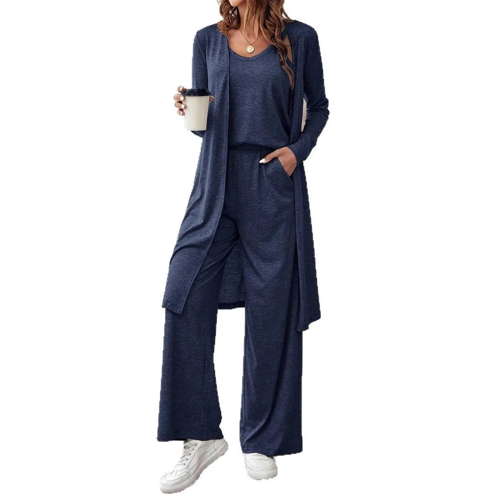 Blue women's three-piece co-ord set showing sling top, long cardigan, and trousers