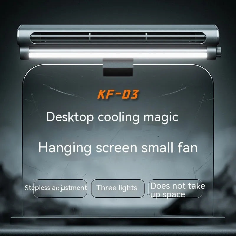 Black USB-powered bladeless clip-on fan with integrated lamp attached to a laptop screen.