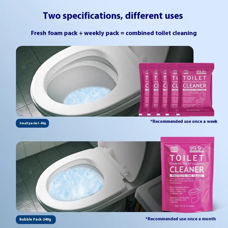 Toilet Bubble Powder cleaning product in blue ocean or pink floral fragrance, showing box and bag options