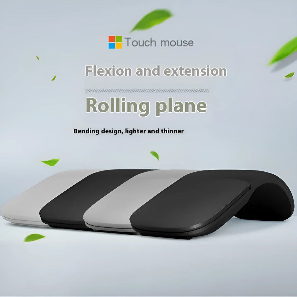 Black folding Bluetooth wireless mouse showing touch scroll area and compact folded size