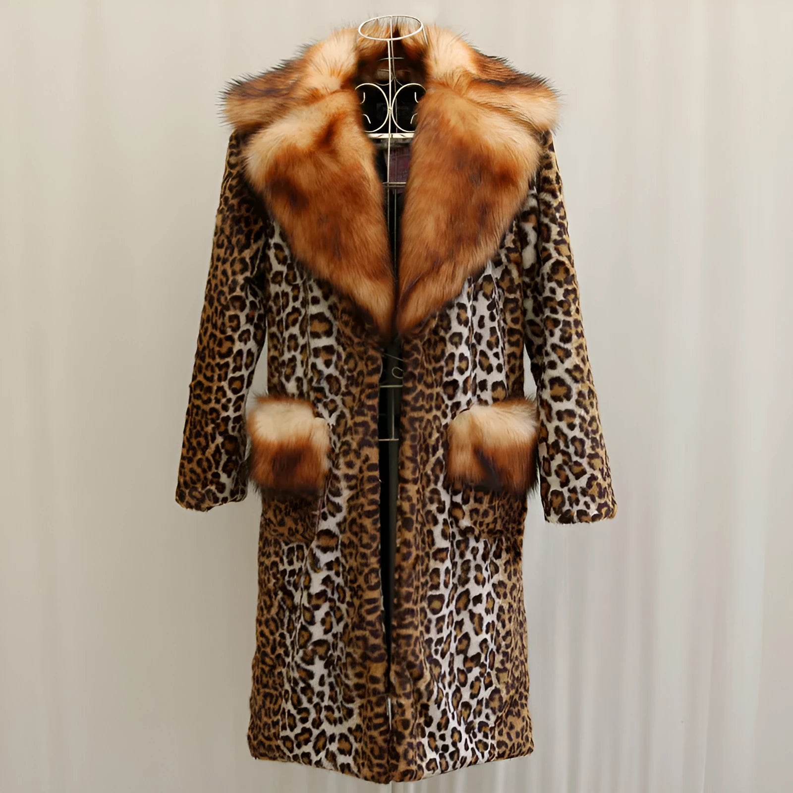 Women's leopard print artificial fur jacket with 80cm length available in sizes S to 9XL