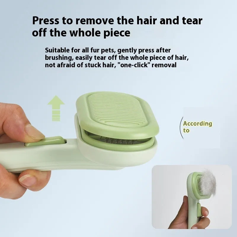Large light grey pet hair removal comb for cats and dogs on a plain background.