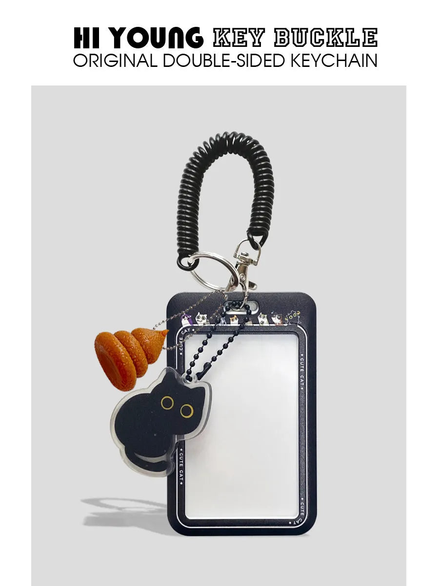 Plastic card sleeve holder with black cat cartoon design and ferrule pendant attachment for student ID and transport cards