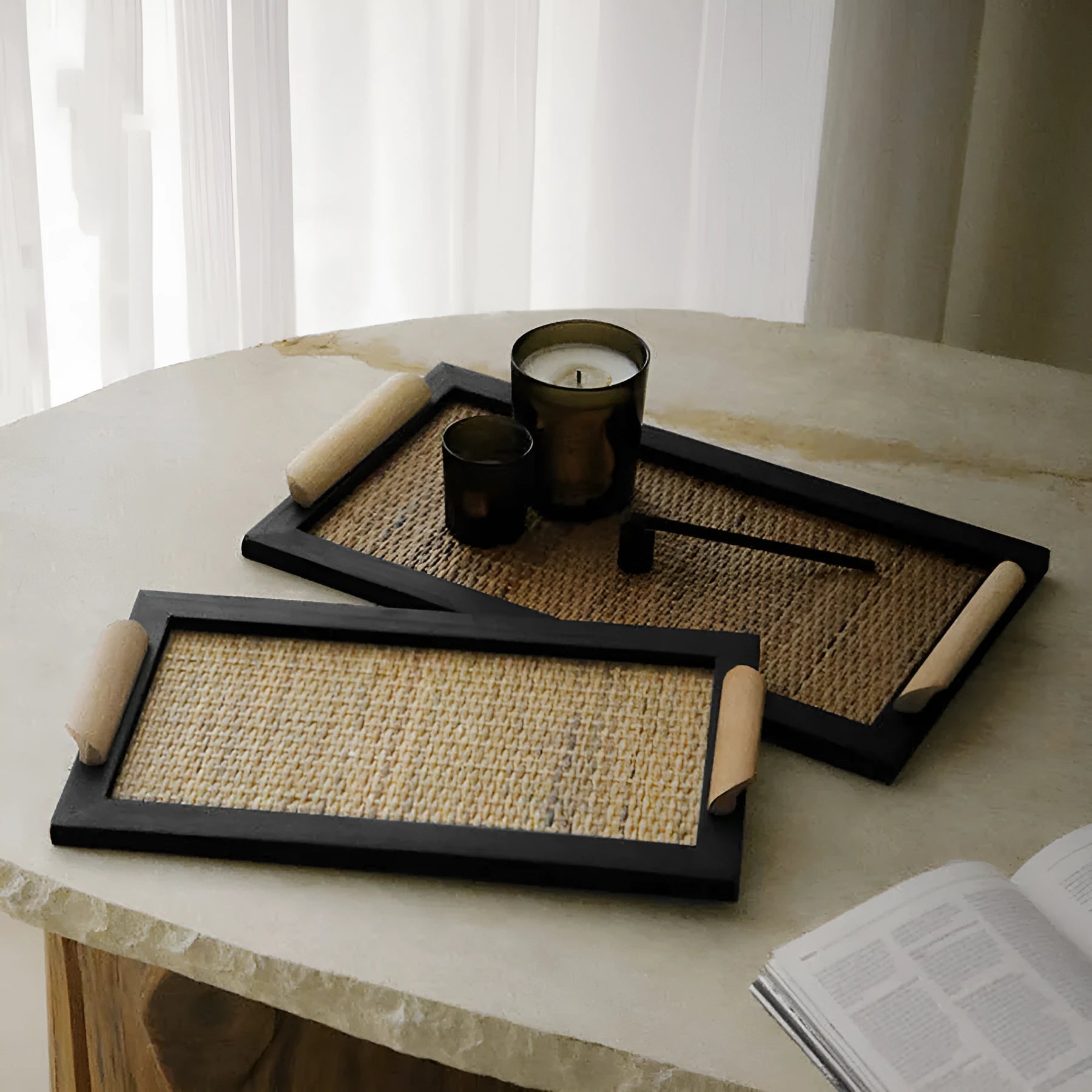 Pine wood dining tray with multiple compartments for organising cups, plates and cutlery