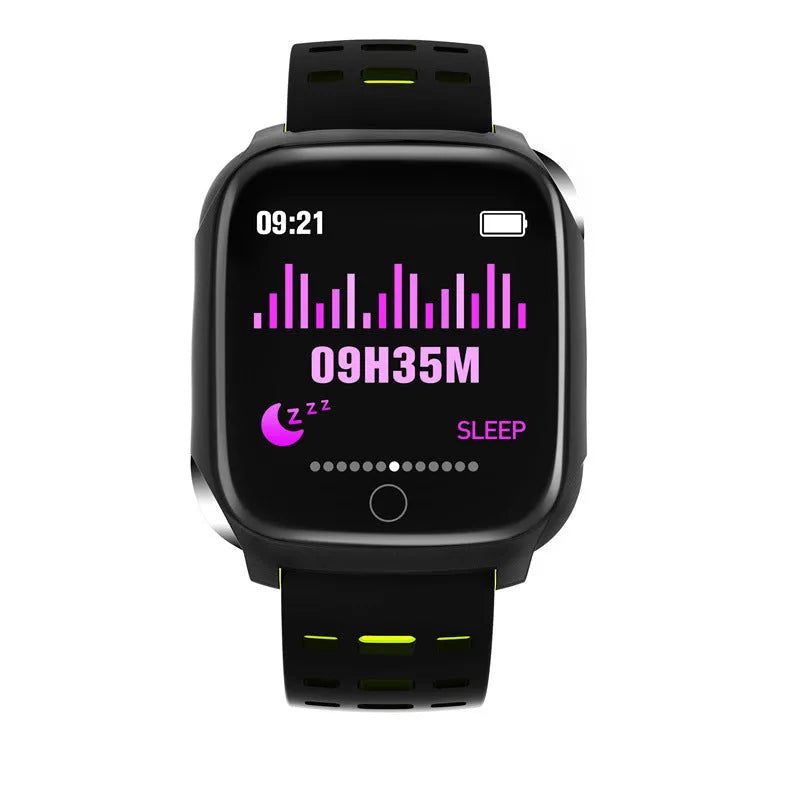 F16 Smart Watch showing ECG, blood pressure, and heart rate data on its IPS screen, with a black silicone wristband.