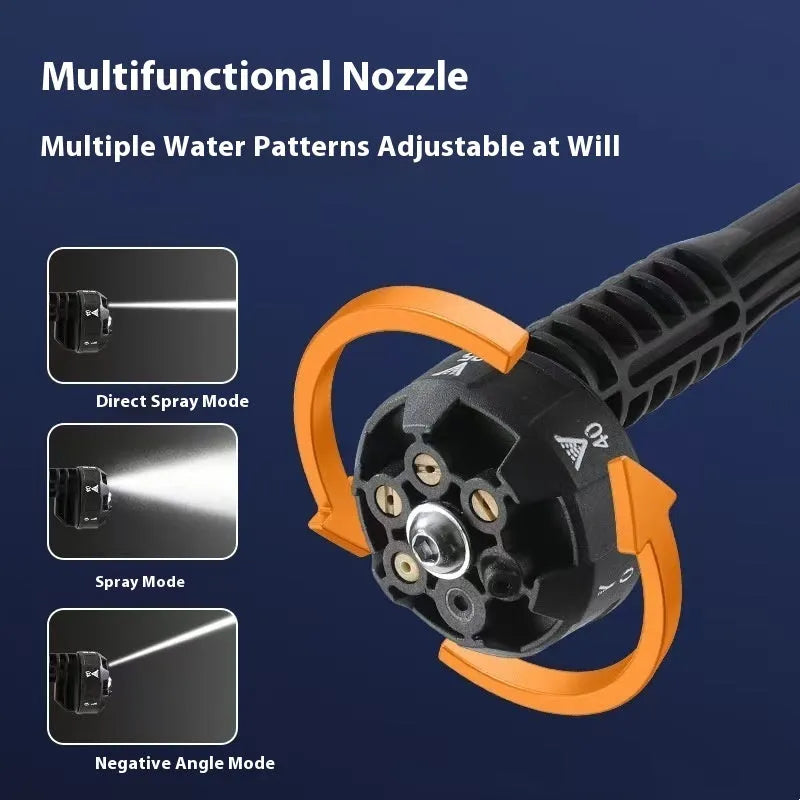 Green wireless high-pressure water gun with metal head and six-in-one nozzle, shown with extension rod and foam pot accessories.
