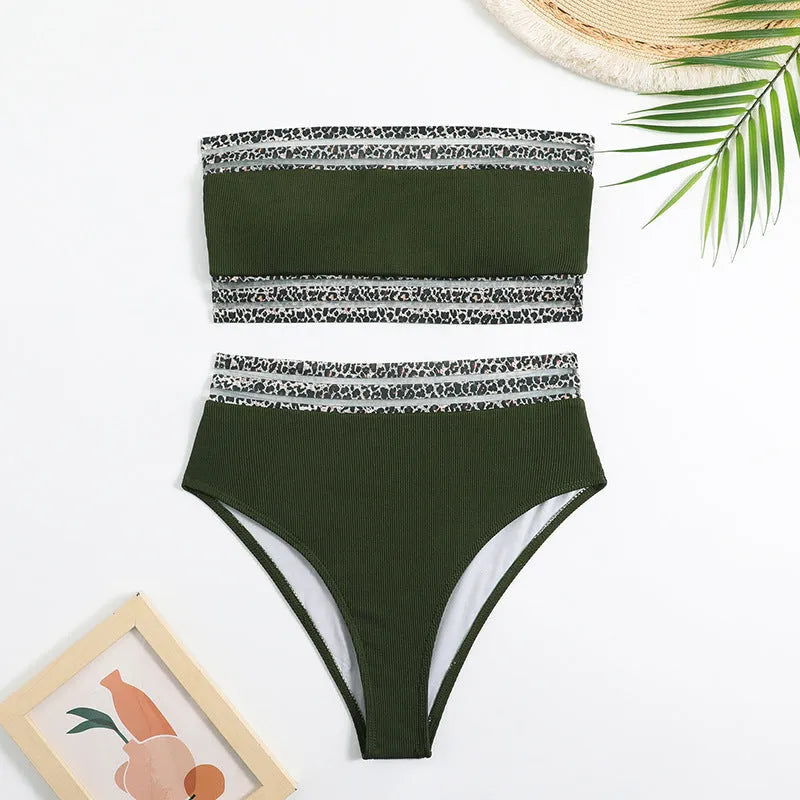 Black strapless bikini set with leopard print design, showing briefs-style shorts and top.