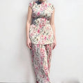 Women's printed chiffon two-piece dress set with long sleeves and high waist design