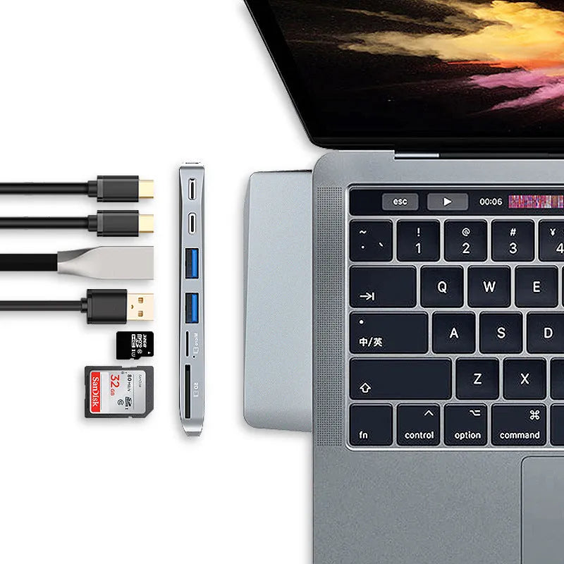 USB-C computer card reader conversion head for MacBook Pro with multiple ports and card slots