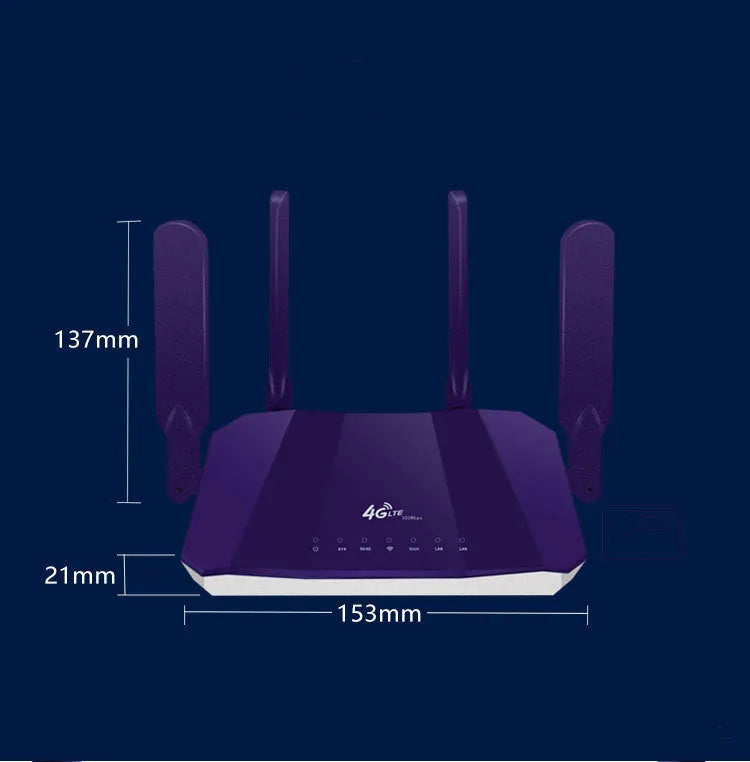 Blue 4G dual mode router with four antennas for wireless and wired internet connectivity