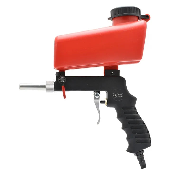 Portable black and blue pneumatic sandblasting gun with gravity-feed pot for rust removal and descaling.