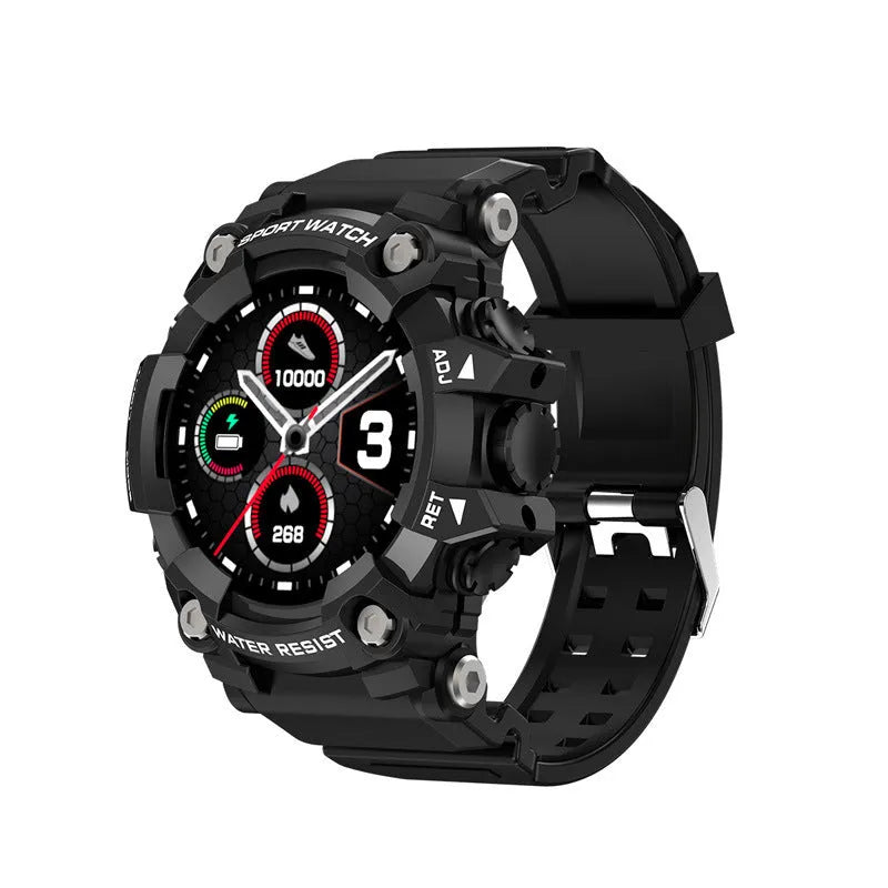 Tactical smart watch with 1.3-inch screen, alloy case, and black wristband on display