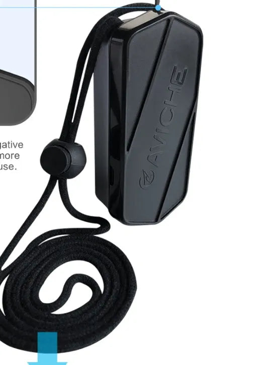 Black wearable air purifier necklace with 80mm plastic housing and compact design