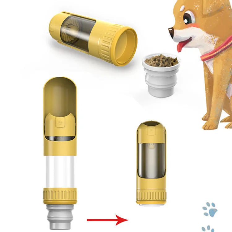 Dog water bottle with built-in bowl in dark blue, white, or yellow