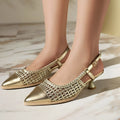 Gold women's professional sandals with a buckle strap and cat heel on a rubber sole.