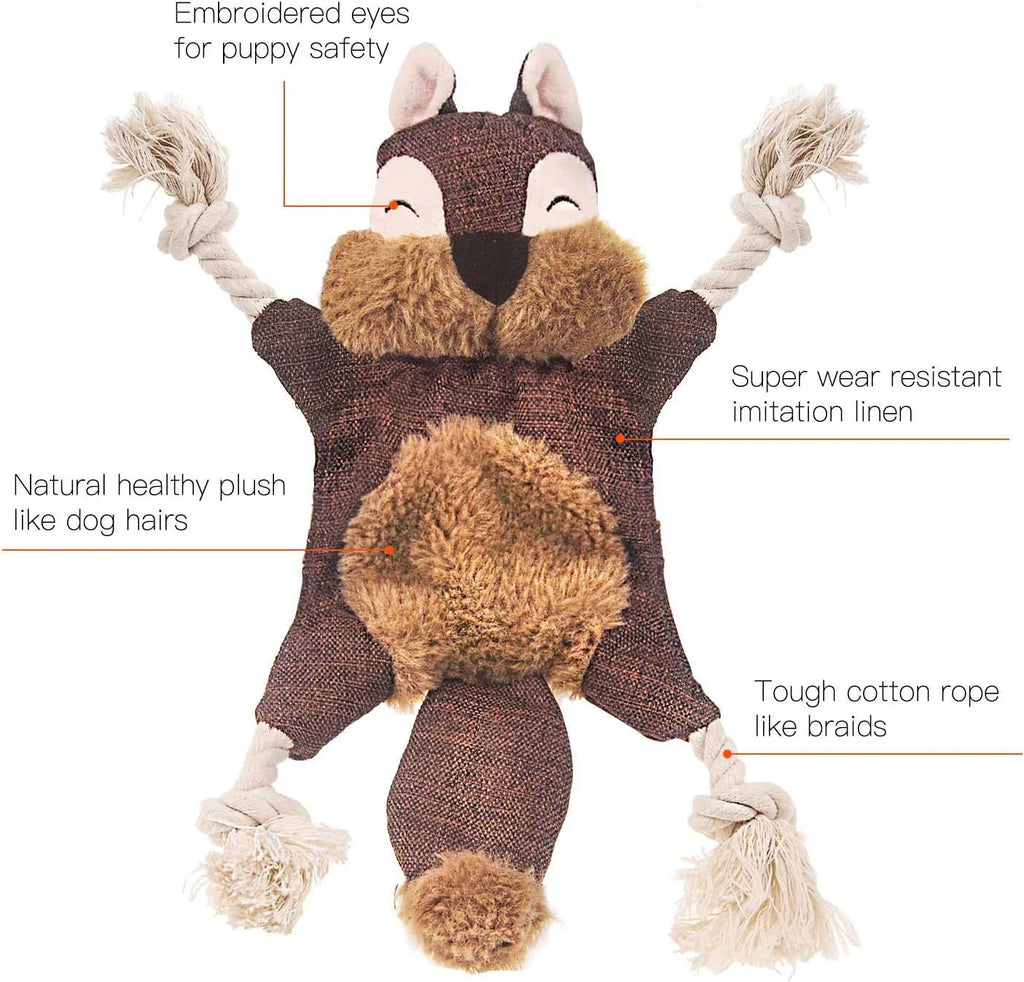 Brown fox-shaped plush dog toy with squeaker, crinkle paper, and cotton ropes in limbs.