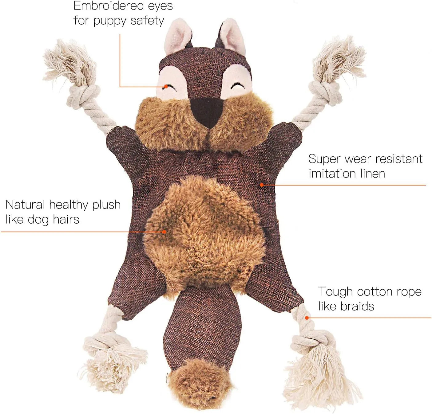 Brown fox-shaped plush dog toy with squeaker, crinkle paper, and cotton ropes in limbs.