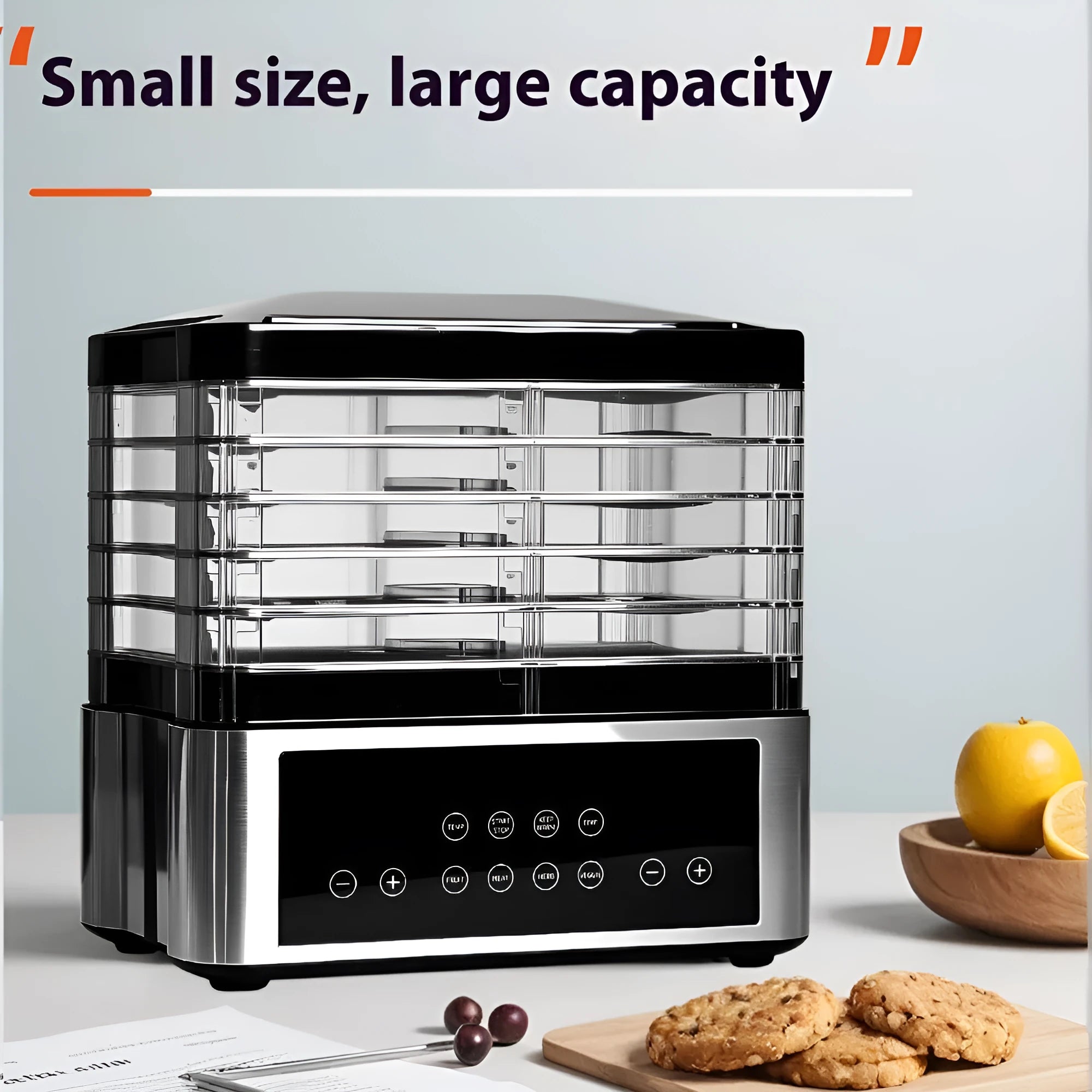 Silver stainless steel fruit dehydrator food dryer with 14 litre capacity