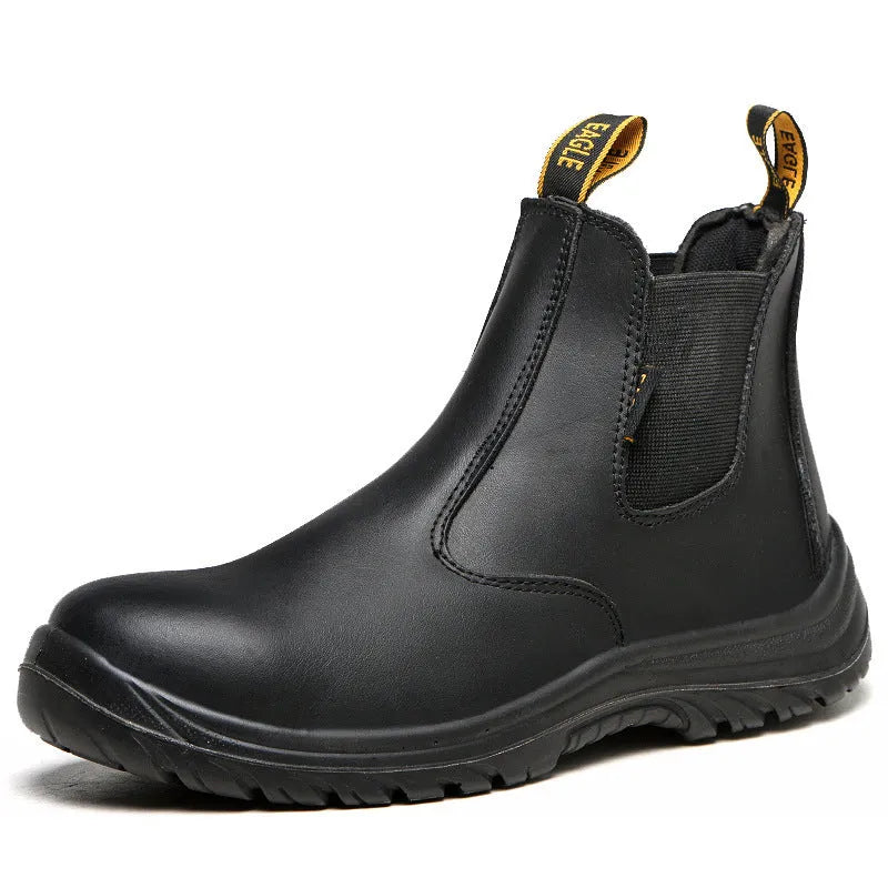 Black leather safety work boots with a high-top design and steel toe cap on a white background.